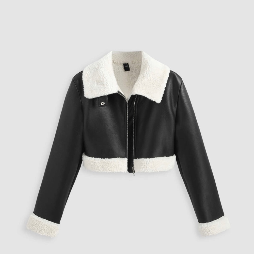 Cider Black Faux Shearling Collar Crop Leather Sherpa Jacket